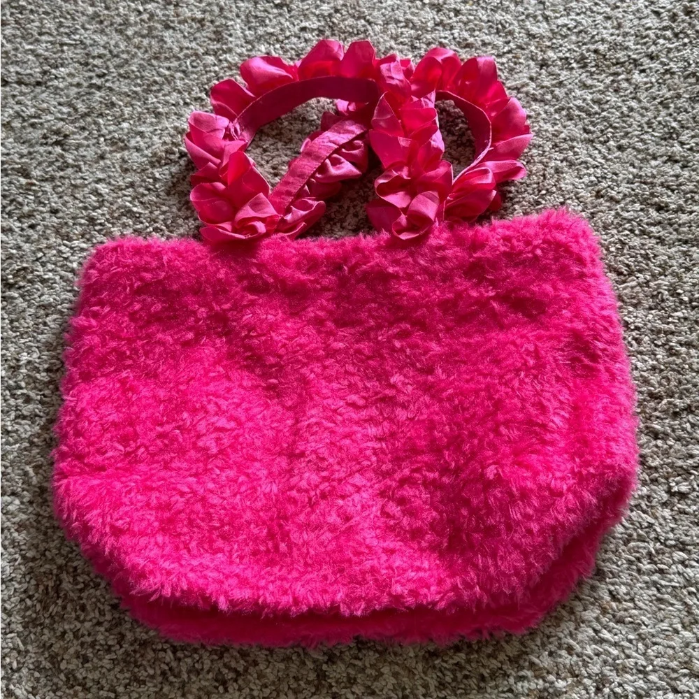 MAISON DE FLEUR Pink Fuzzy‎ Tote Bag with Ruffled Handles